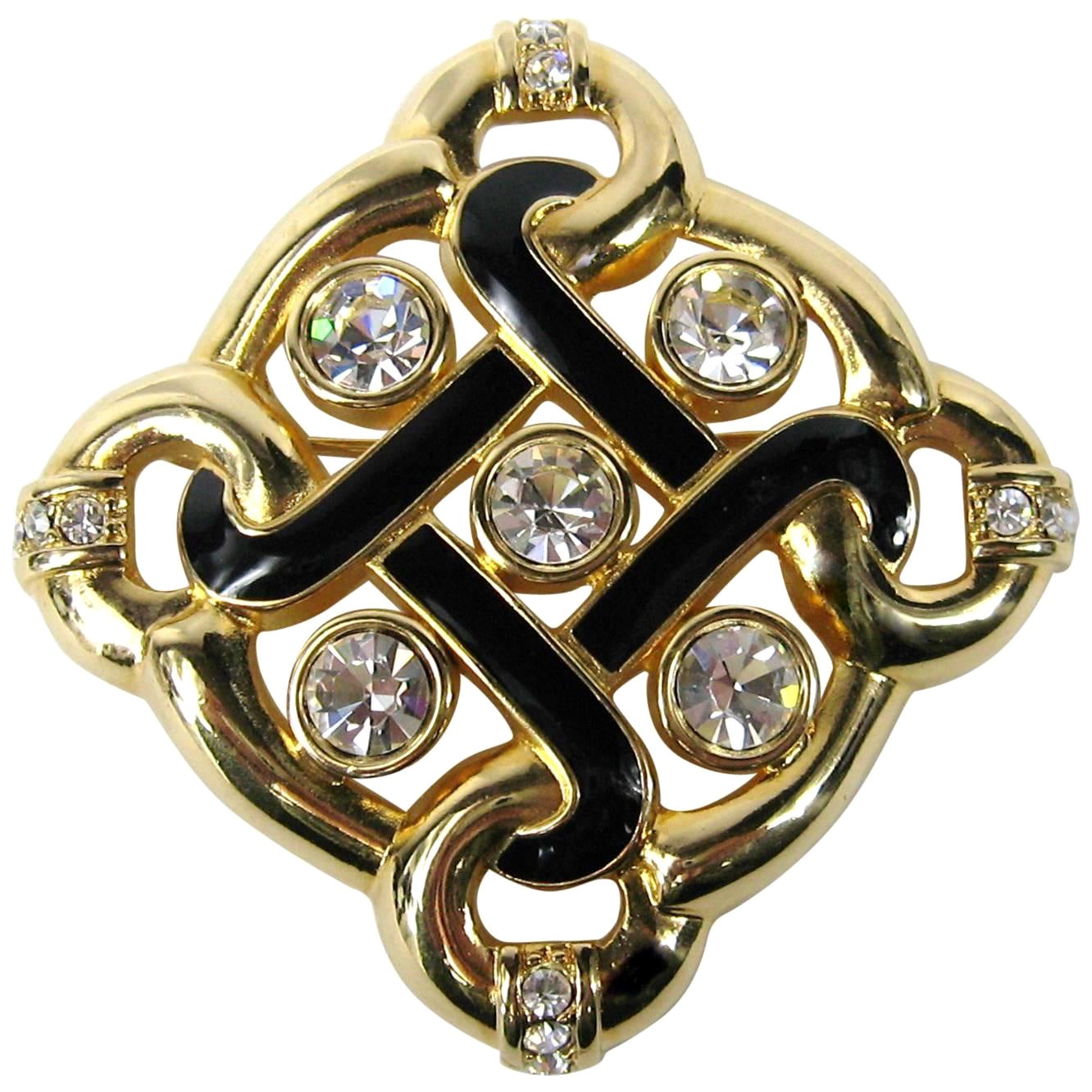 Swarovski Crystal Black Enamel Brooch New,  Never worn 1980s For Sale