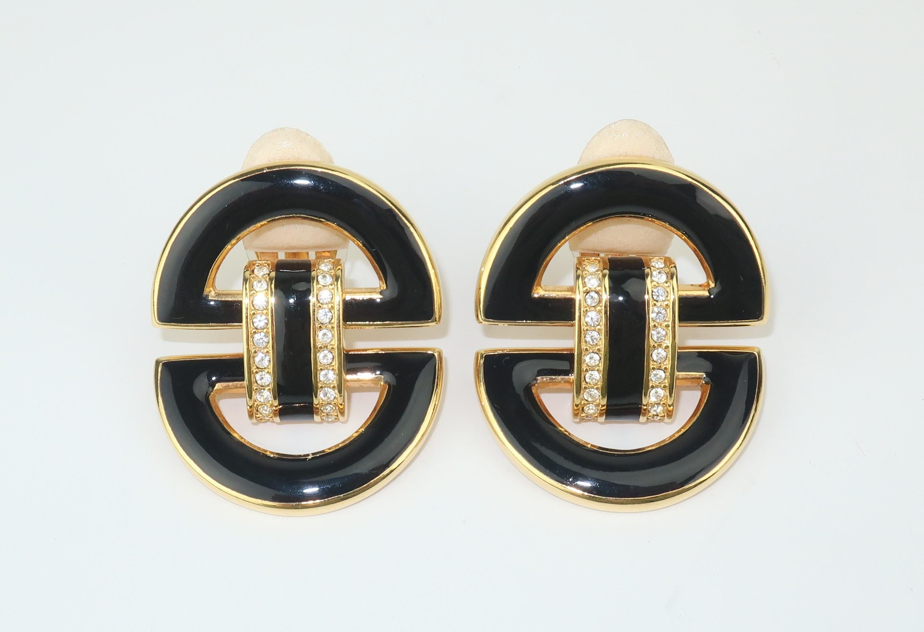 Modern Swarovski Crystal Black Enamel Door Knocker Earrings
