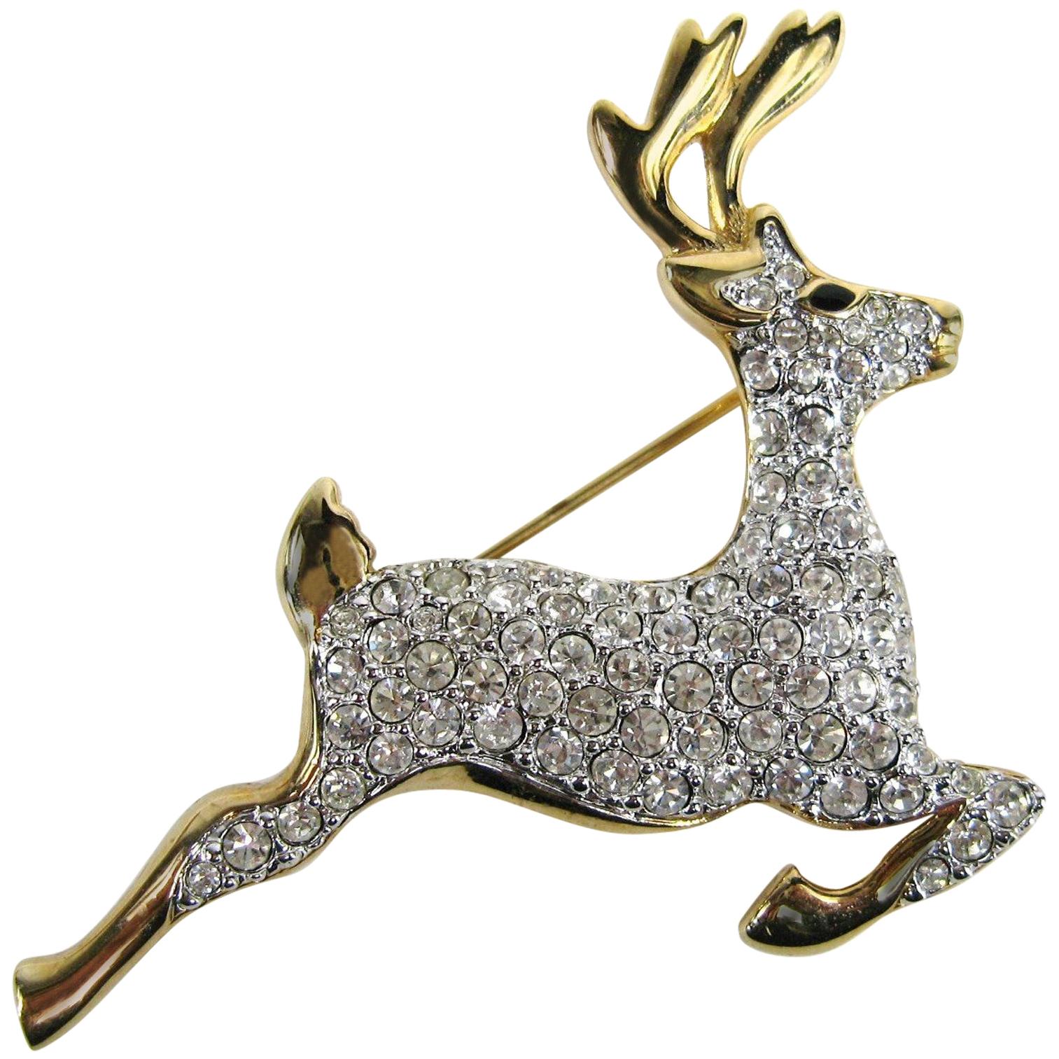SWAROVSKI Crystal Deer Gold Gilt Brooch Pin Never Worn 1990s  For Sale