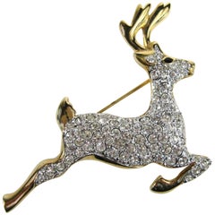 SWAROVSKI Crystal Deer Gold Gilt Brooch Pin Never Worn 1990s 