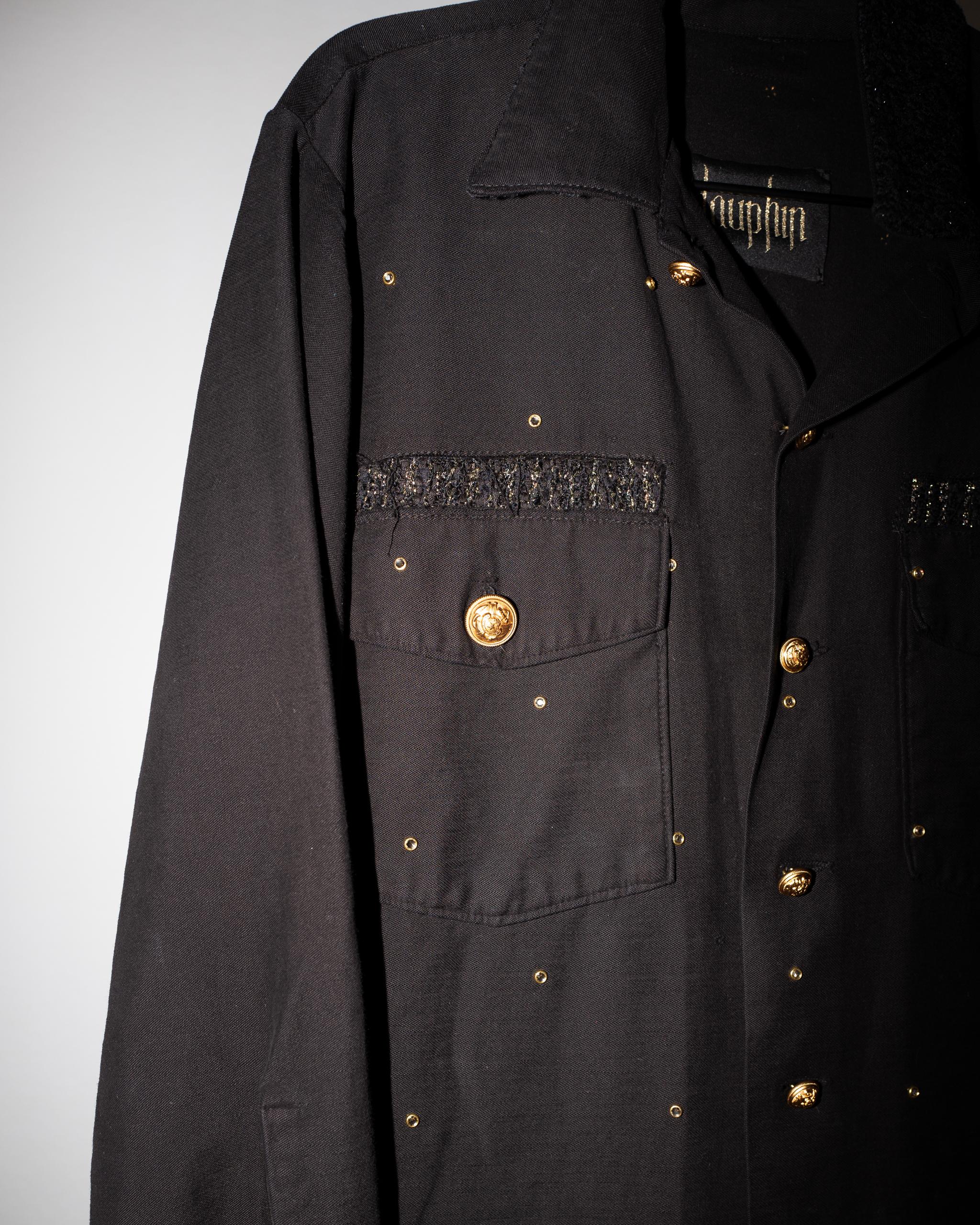 Vintage one of a kind Remade Military Us Jacket Dyed Black with Swarovski Crystal Embellishment and Gold Lurex Black Tweed above pockets, Vintage Gold plated Brass Buttons from Paris around the 40