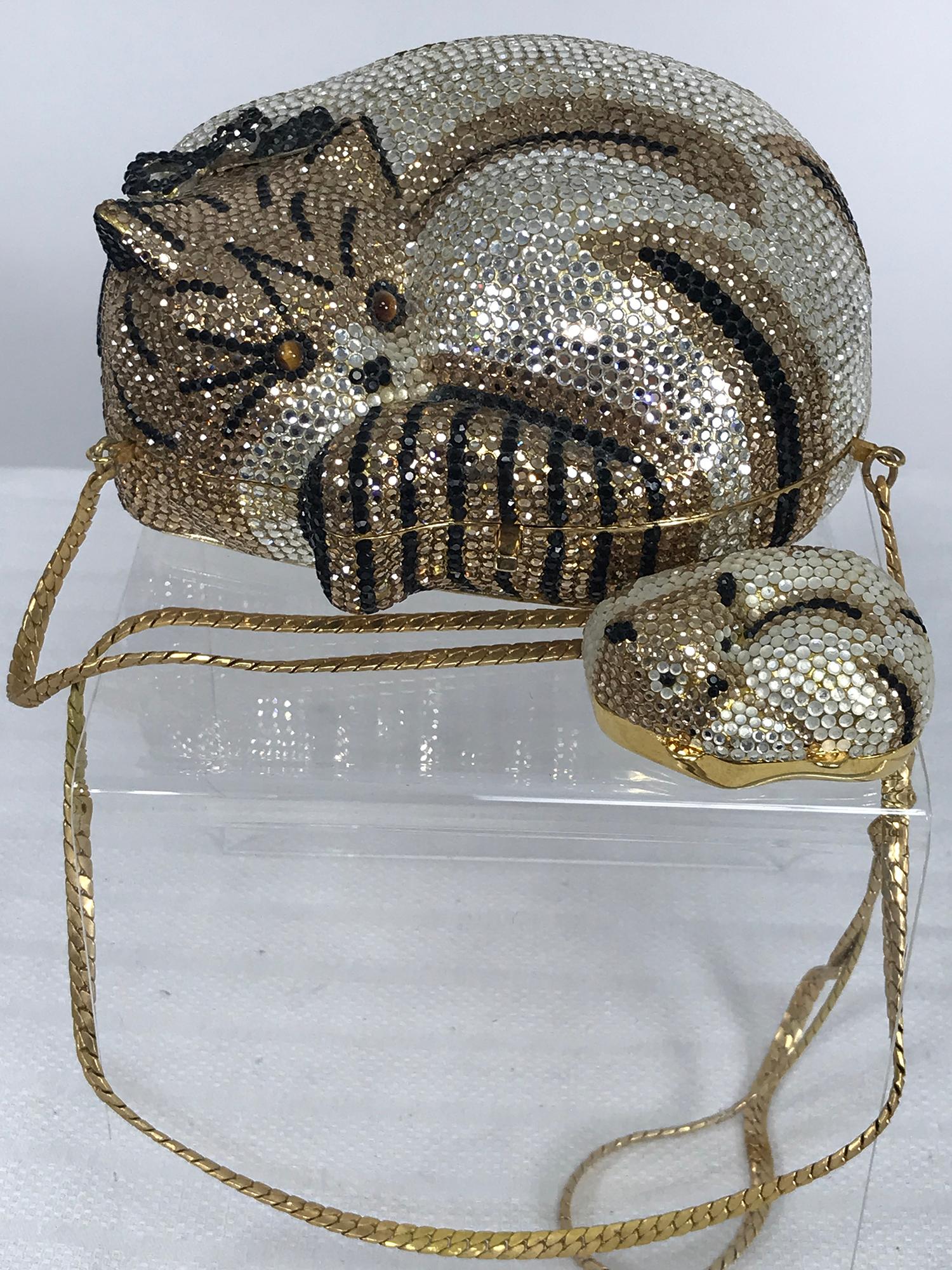Swarovski crystal rhinestone encrusted mamma cat & kitten evening handbag, shoulder bag. Beautiful jeweled evening bag covered in crystal, gold and black Swarovski crystals, the bag is in the shape of a curled up cat with tiger eyes, it opens to an