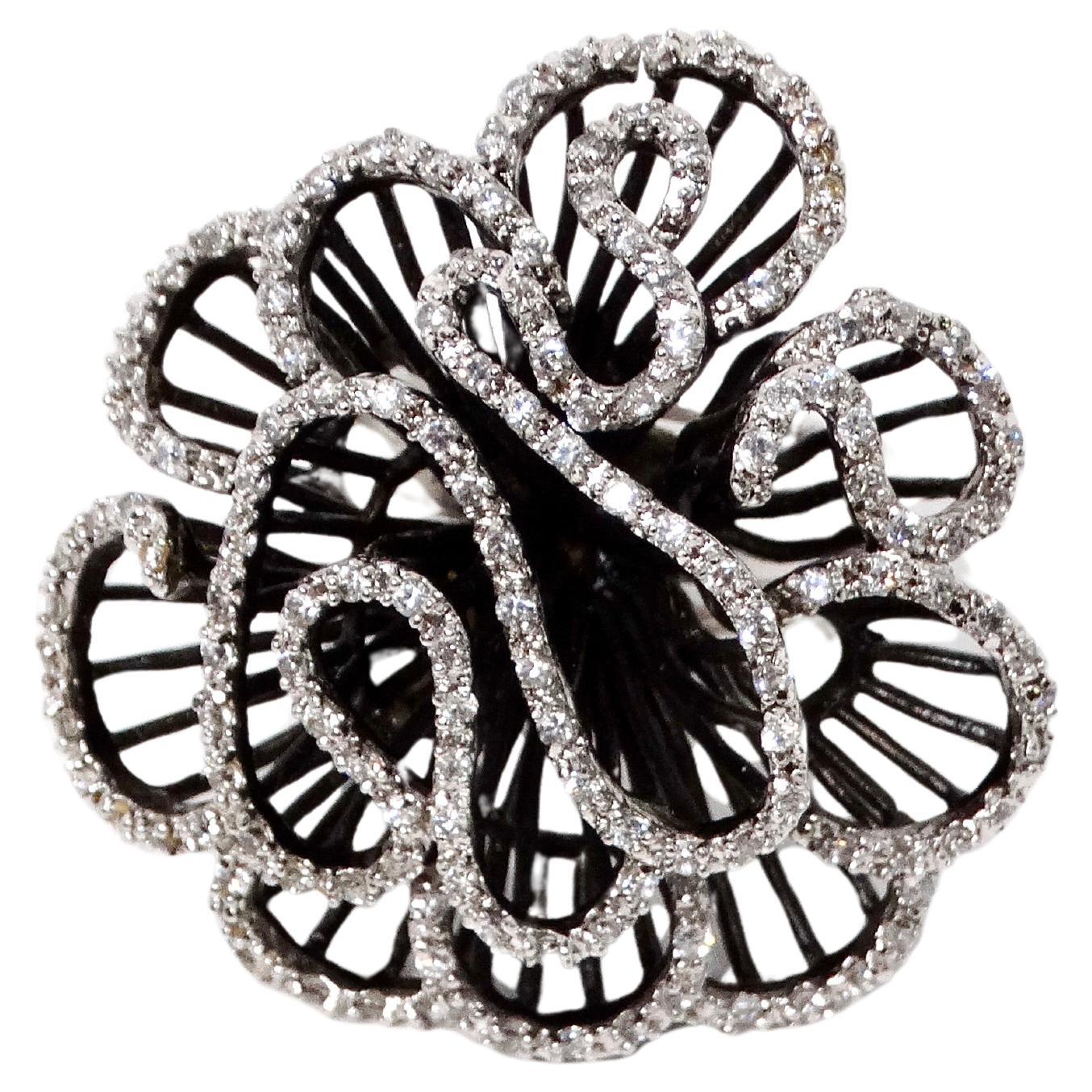 Swarovski Crystal Flower Style 925 Silver Cocktail Ring For Sale