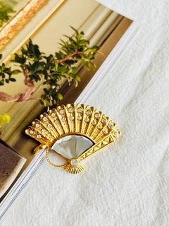 Swarovski Crystal Glass Peacock Fan Feather Exquisite Relief Gold Brooch, New