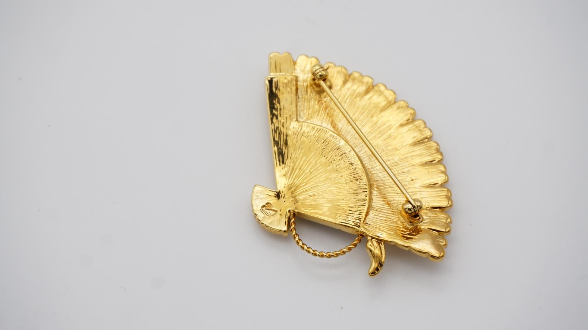 Swarovski Crystal Glass Peacock Fan Feather Exquisite Relief Gold Brooch, New 1