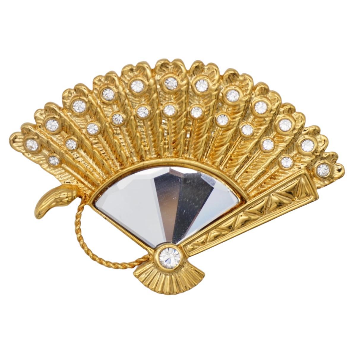 Swarovski Crystal Glass Peacock Fan Feather Exquisite Relief Gold Brooch, New