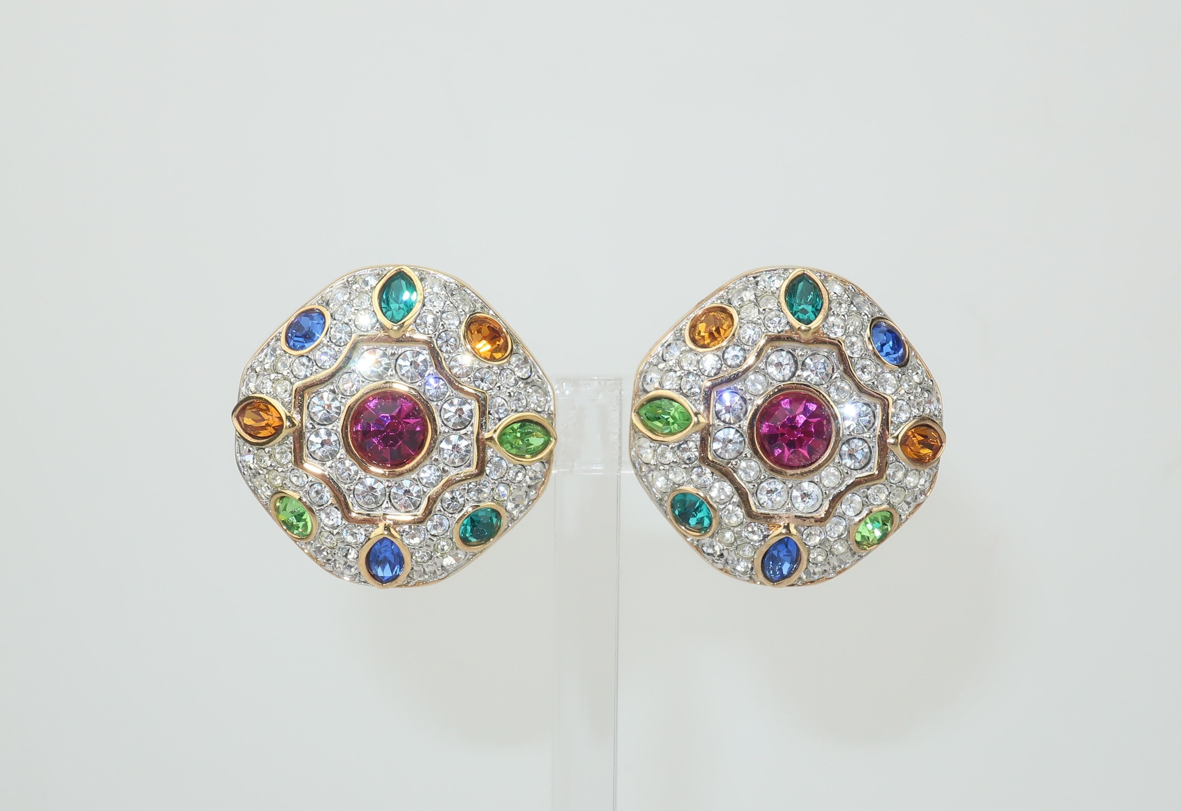 Modern Swarovski Crystal Multi Color Rhinestone Clip On Earrings