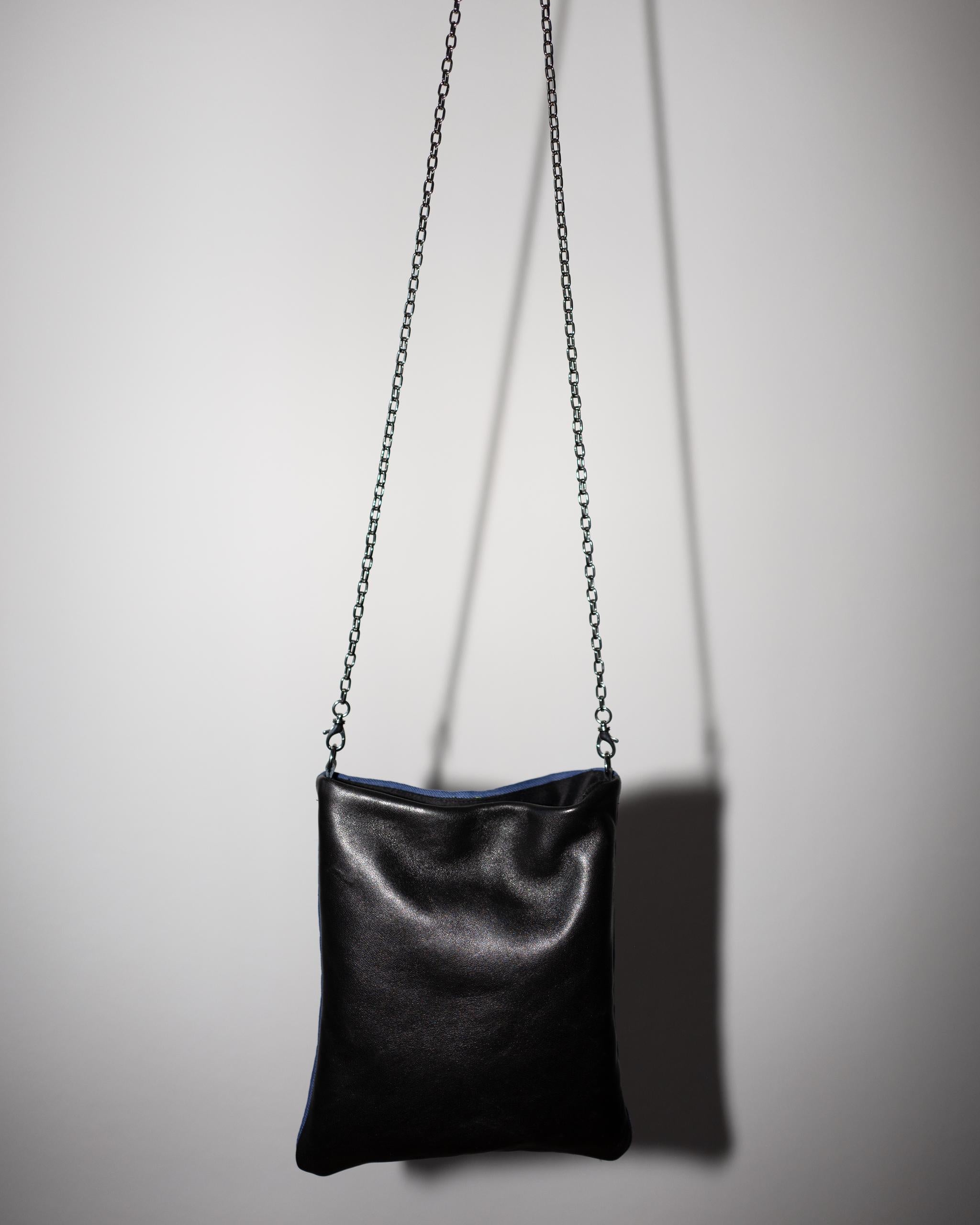 Swarovski Crystal Star Evening Bag Blue Black Napa Leather Palladium Chain In New Condition In Los Angeles, CA