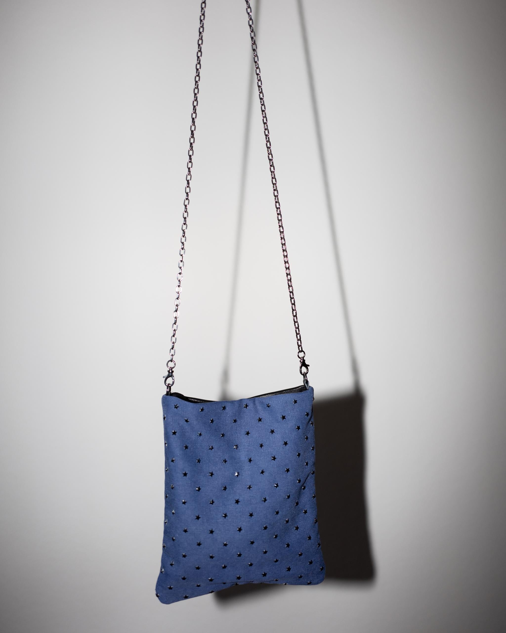 Women's Swarovski Crystal Star Evening Bag Blue Black Napa Leather Palladium Chain For Sale