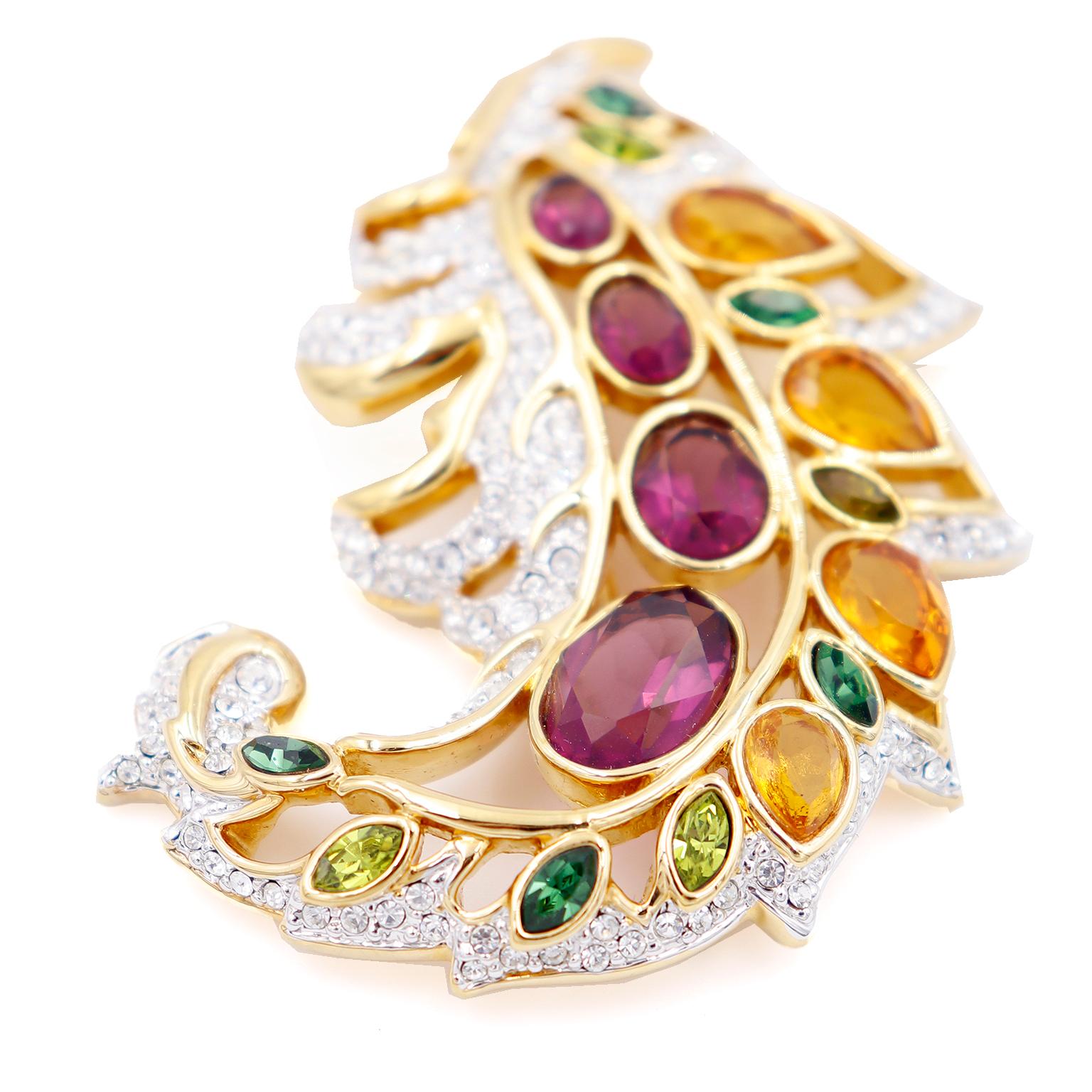 Swarovski Crystal Vintage Signed Gold Brooch With Multi Colored Stones In Excellent Condition For Sale In Portland, OR