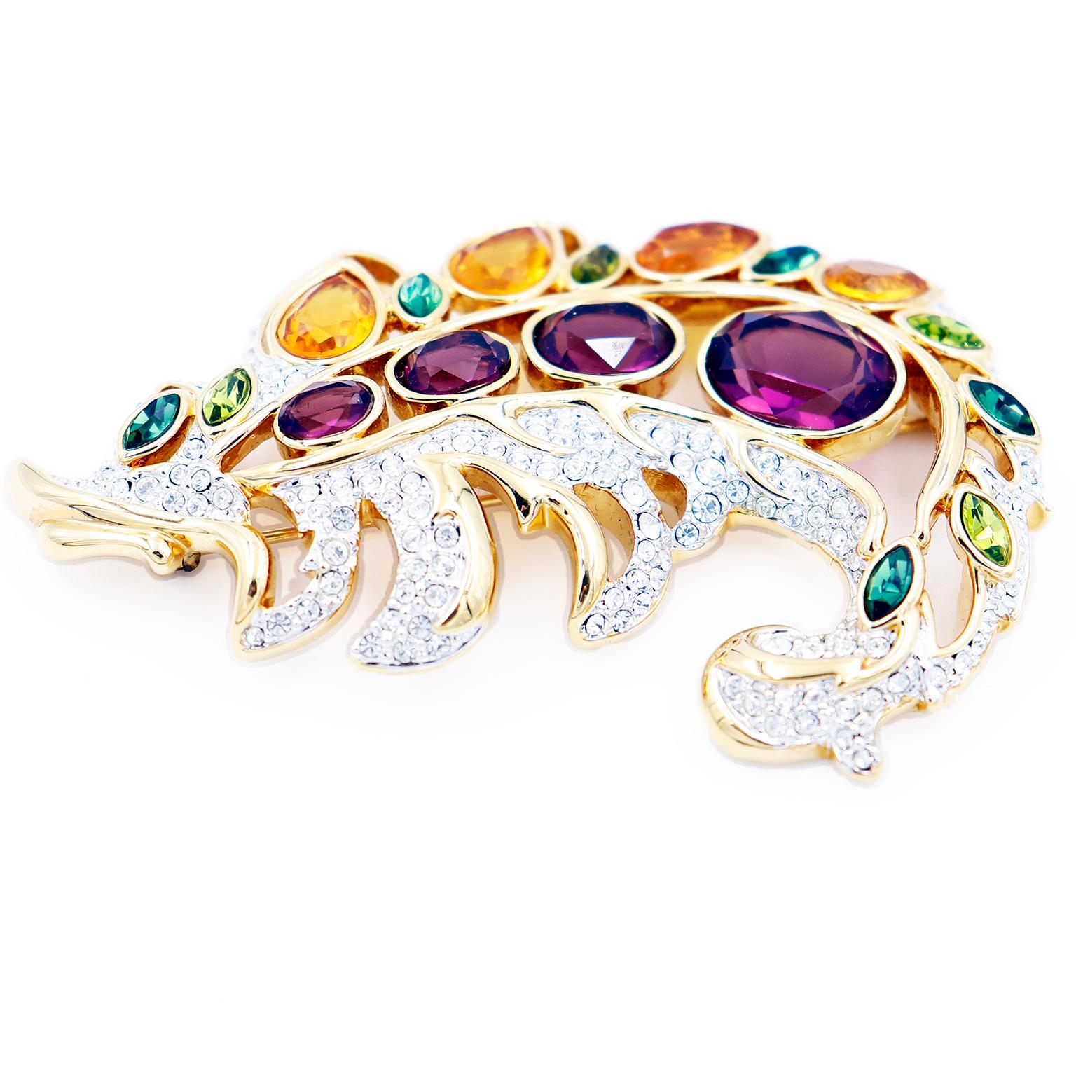 Women's Swarovski Crystal Vintage Signed Gold Brooch With Multi Colored Stones For Sale