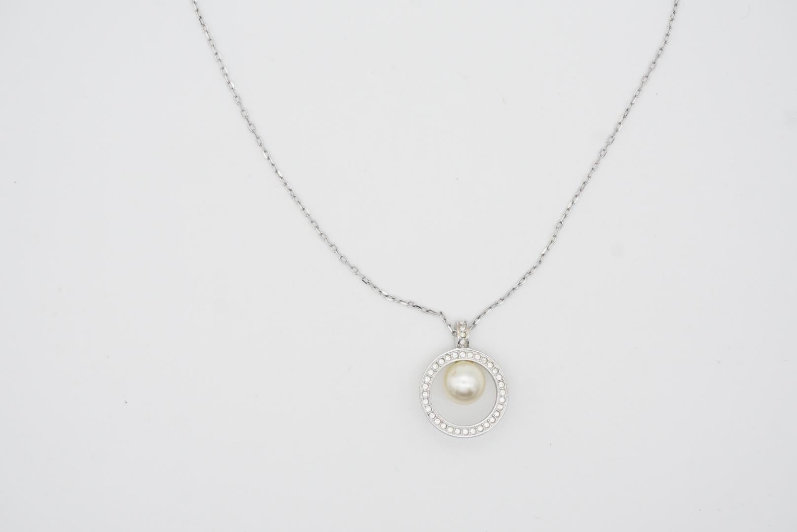 Women's or Men's Swarovski Crystals Circle White Round Pearl Openwork Silver Pendant Necklace For Sale