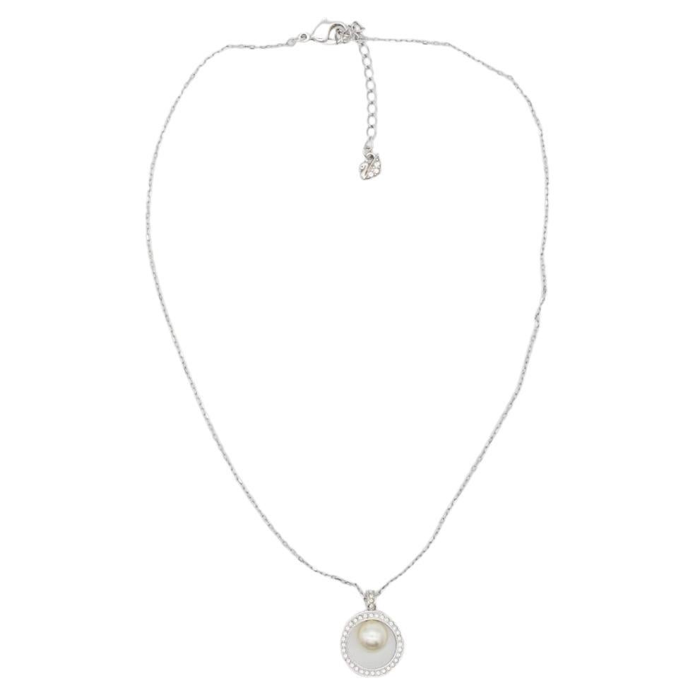 Swarovski Crystals Circle White Round Pearl Openwork Silver Pendant Necklace For Sale