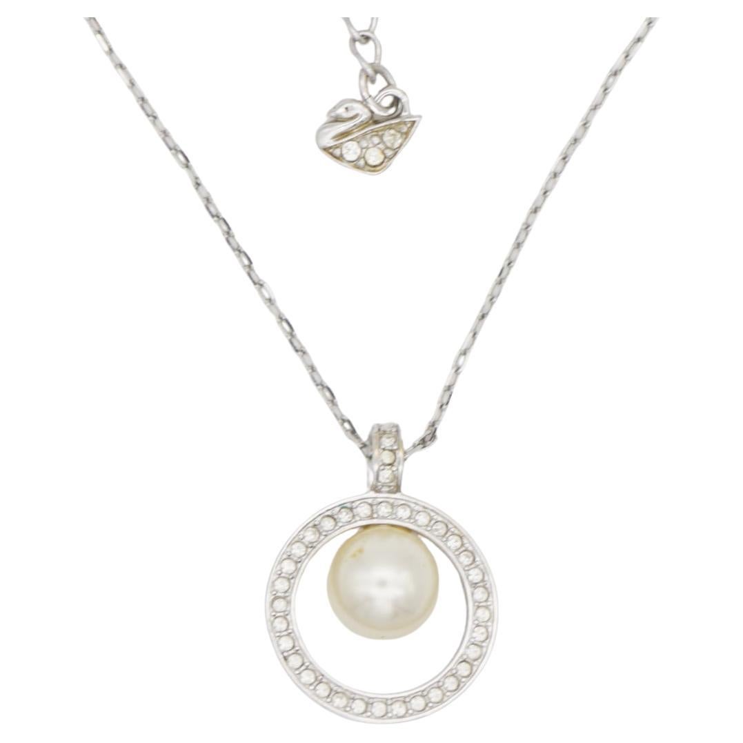 Swarovski Crystals Circle White Round Pearl Openwork Silver Pendant Necklace For Sale