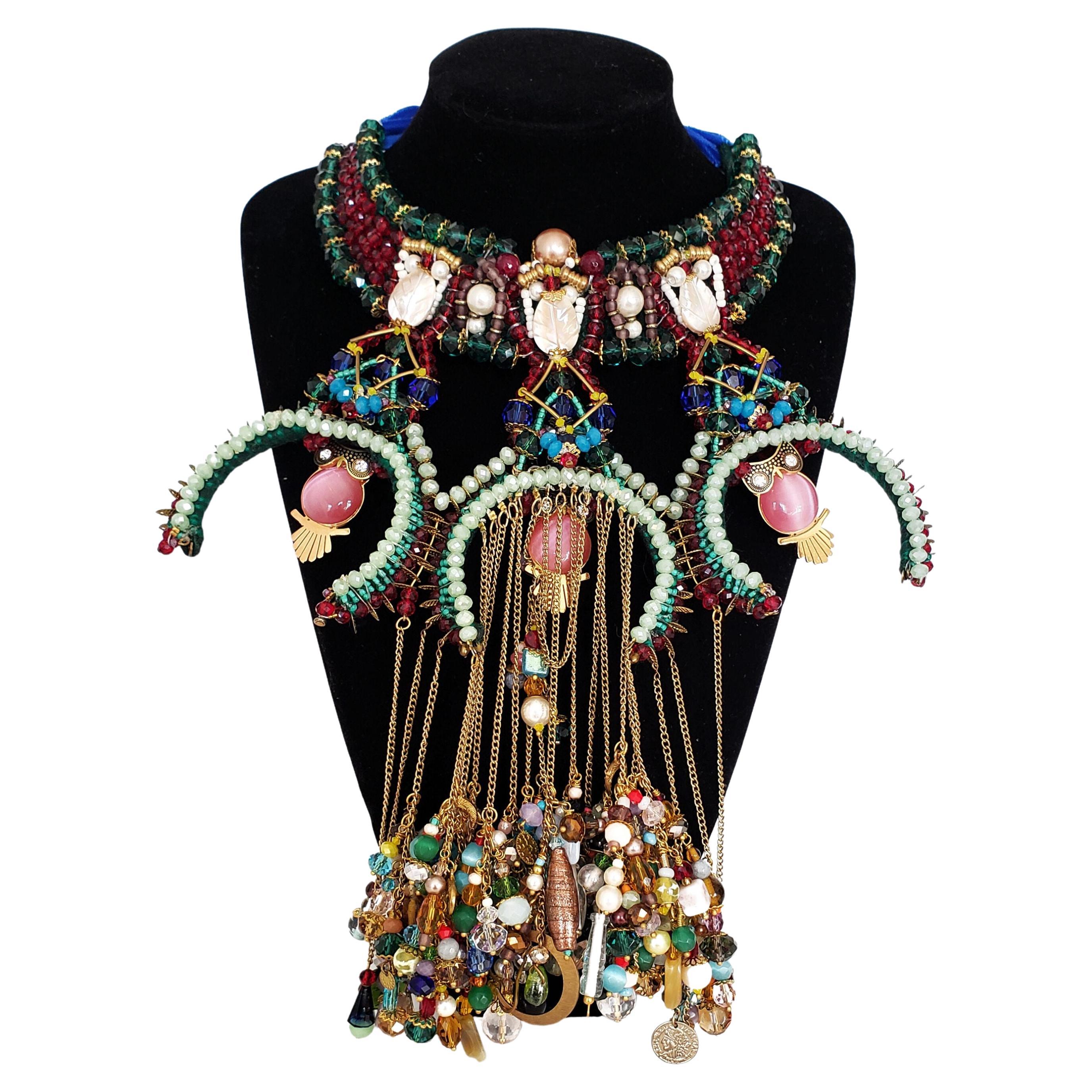 thumbnail image 2 of MGR Multi-Strand Crystal Bib Necklace - 18 Inch Garnet Red Statement Collar Jewelry 2 of 14