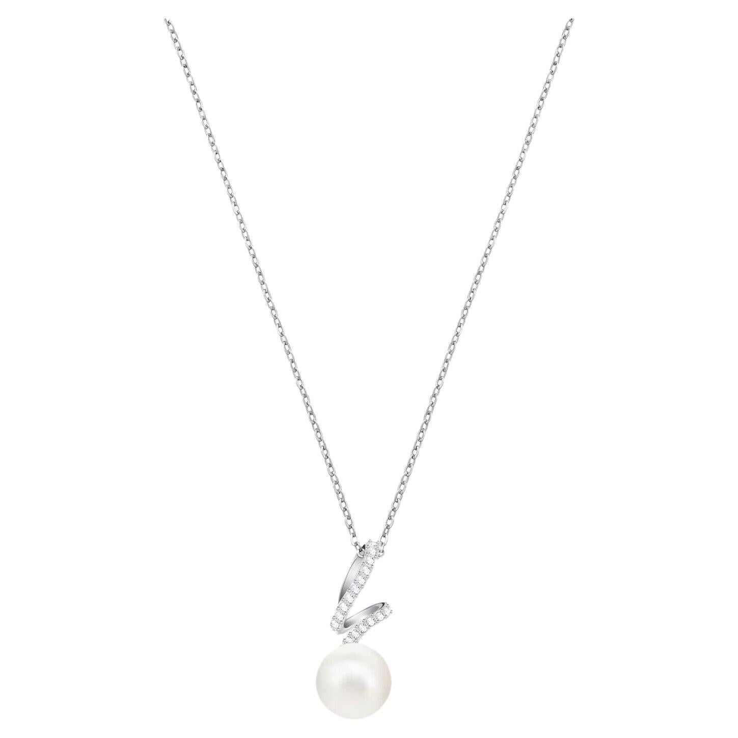 Swarovski Dangle White Round Pearl Crystals Spiral Hook Pendant Silver Necklace For Sale