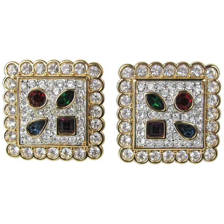 Swarovski Earrings Crystal Multi colored Square New and Never worn -1980s In New Condition For Sale In Wallkill, NY