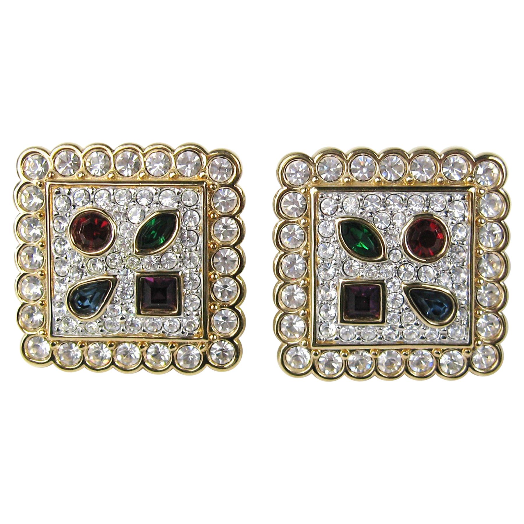 Swarovski Earrings Crystal Multi colored Square New and Never worn -1980s For Sale