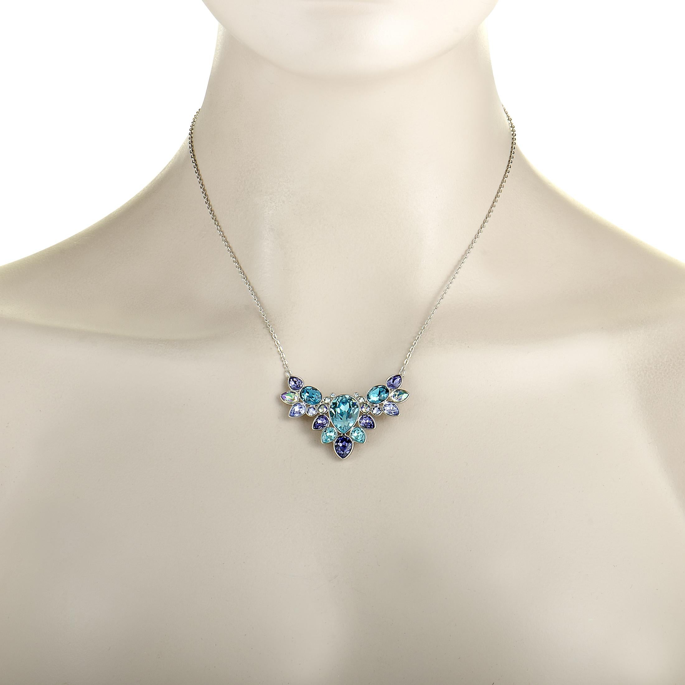 The “Eglantine” necklace by Swarovski is embellished with multicolored crystals and weighs 11.5 grams. The chain is 16.00” long and features lobster claw closure, and the pendant measures 1.75” in length and 1.00” in width.
 
 This jewelry piece