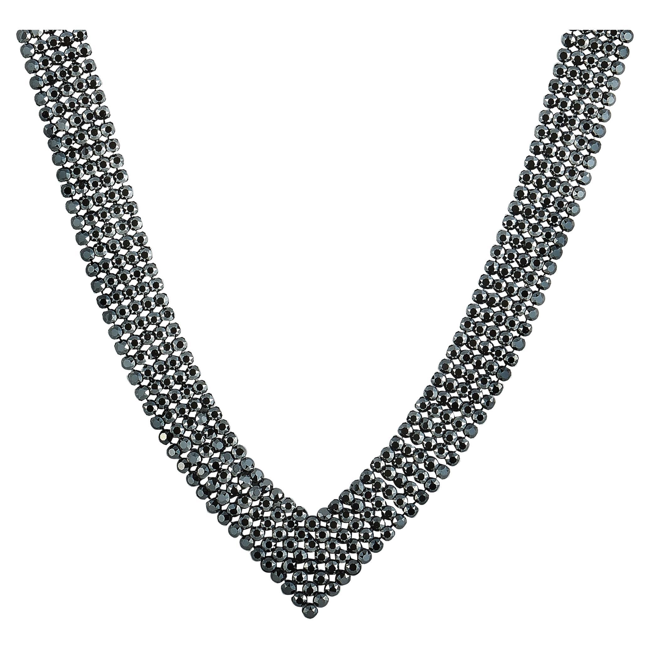 Swarovski Fit Rhodium-Plated Stainless Steel Black Crystal Collar Necklace For Sale