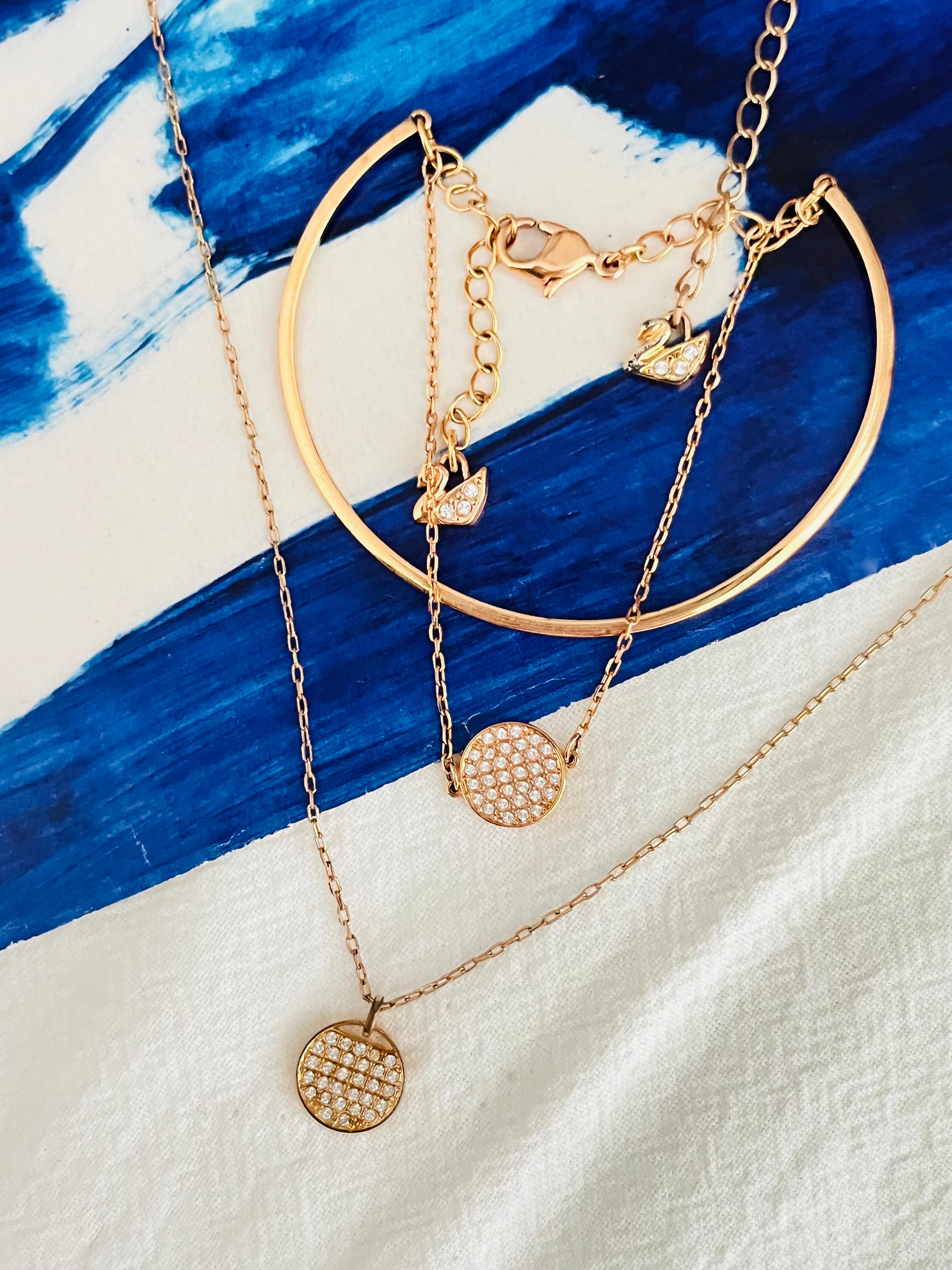 Art déco Swarovski Ginger Disc Round Crystals Necklace Bangle Bracelet Rose Gold Set