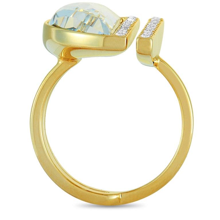 The Swarovski â€œGlowâ€ ring is made of yellow gold-plated stainless steel and decorated with crystals. The ring boasts band thickness of 5 mm and top height of 5 mm, while top dimensions measure 15 by 23 mm. This item is offered in brand new