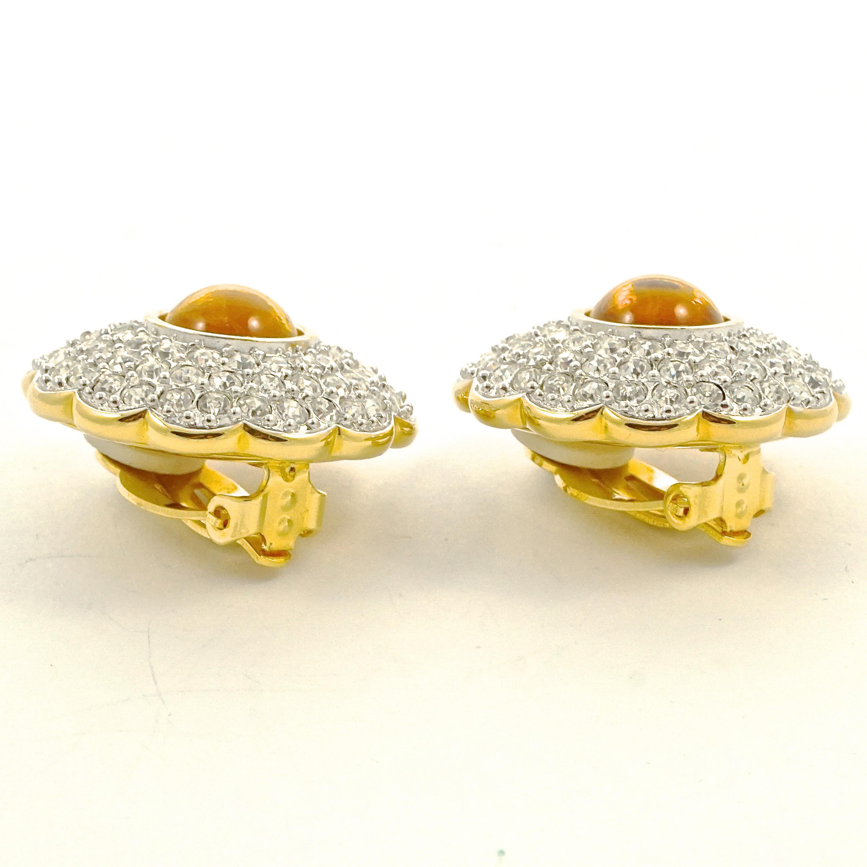 Swarovski Gold Plated Amber and Clear Pavé Crystal Swan Logo Clip On Earrings In Good Condition For Sale In London, GB