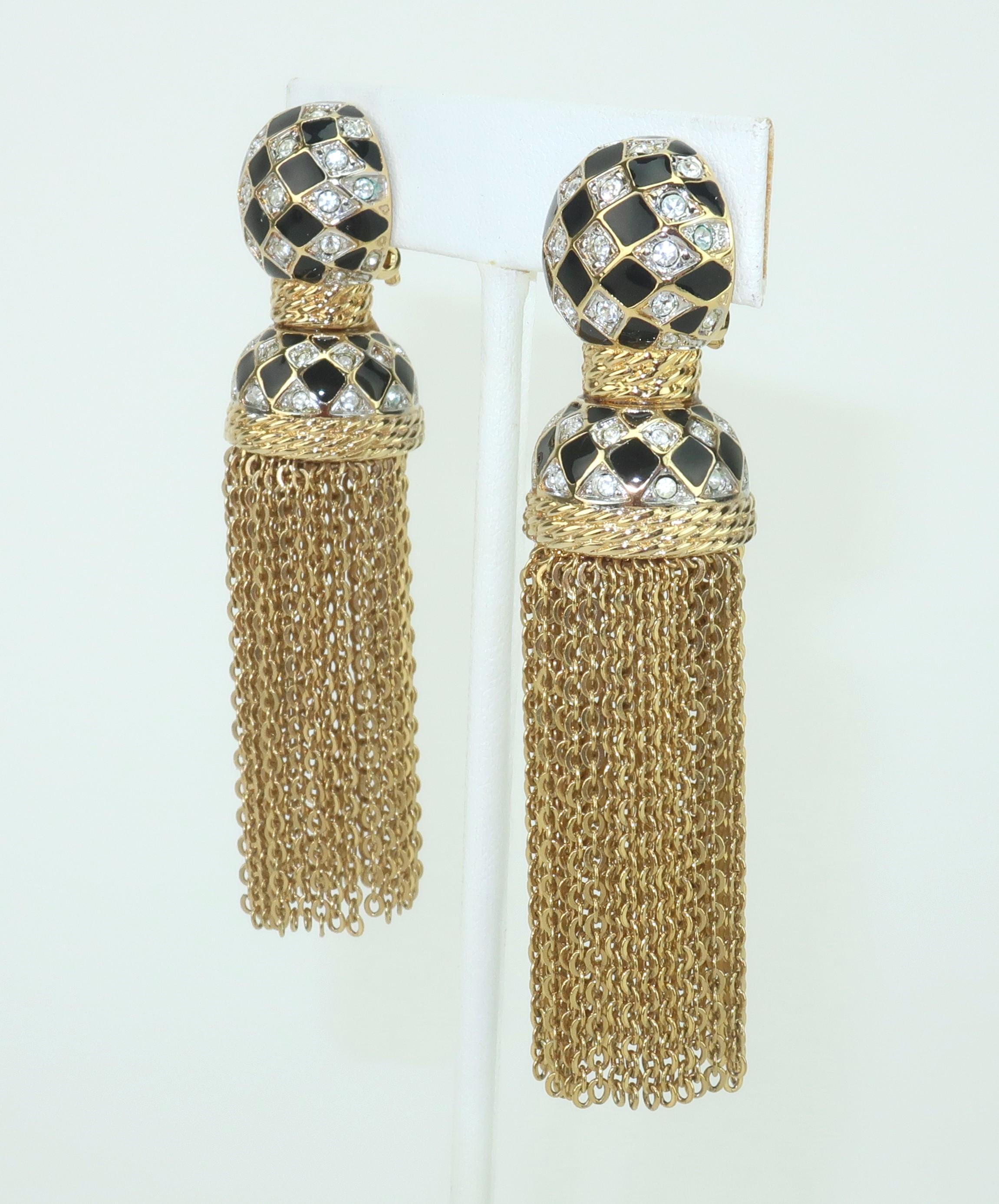 Modern SWAROVSKI Gold Plated Black Enamel Rhinestone Tassel Earrings For Sale