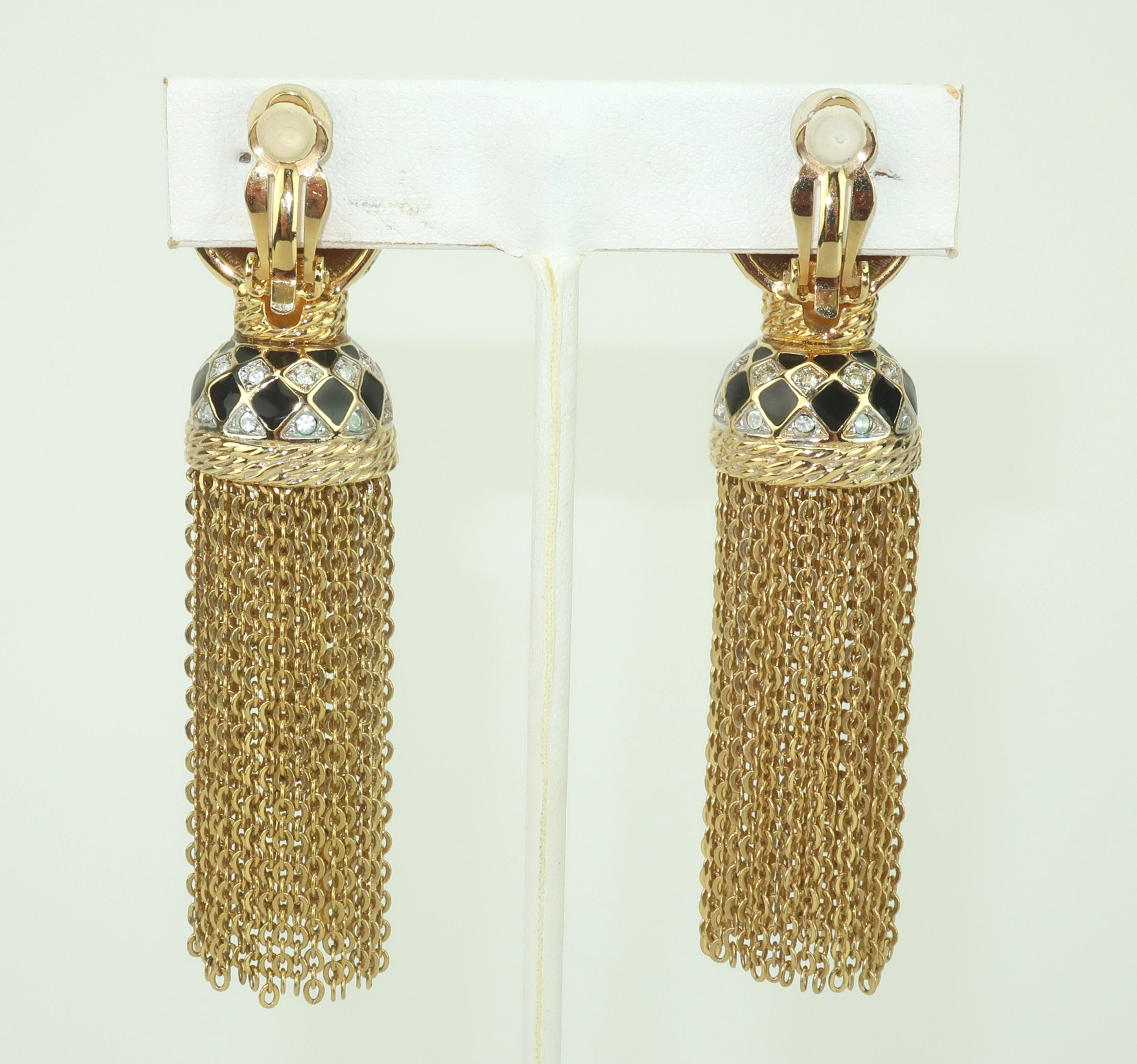 Round Cut SWAROVSKI Gold Plated Black Enamel Rhinestone Tassel Earrings For Sale