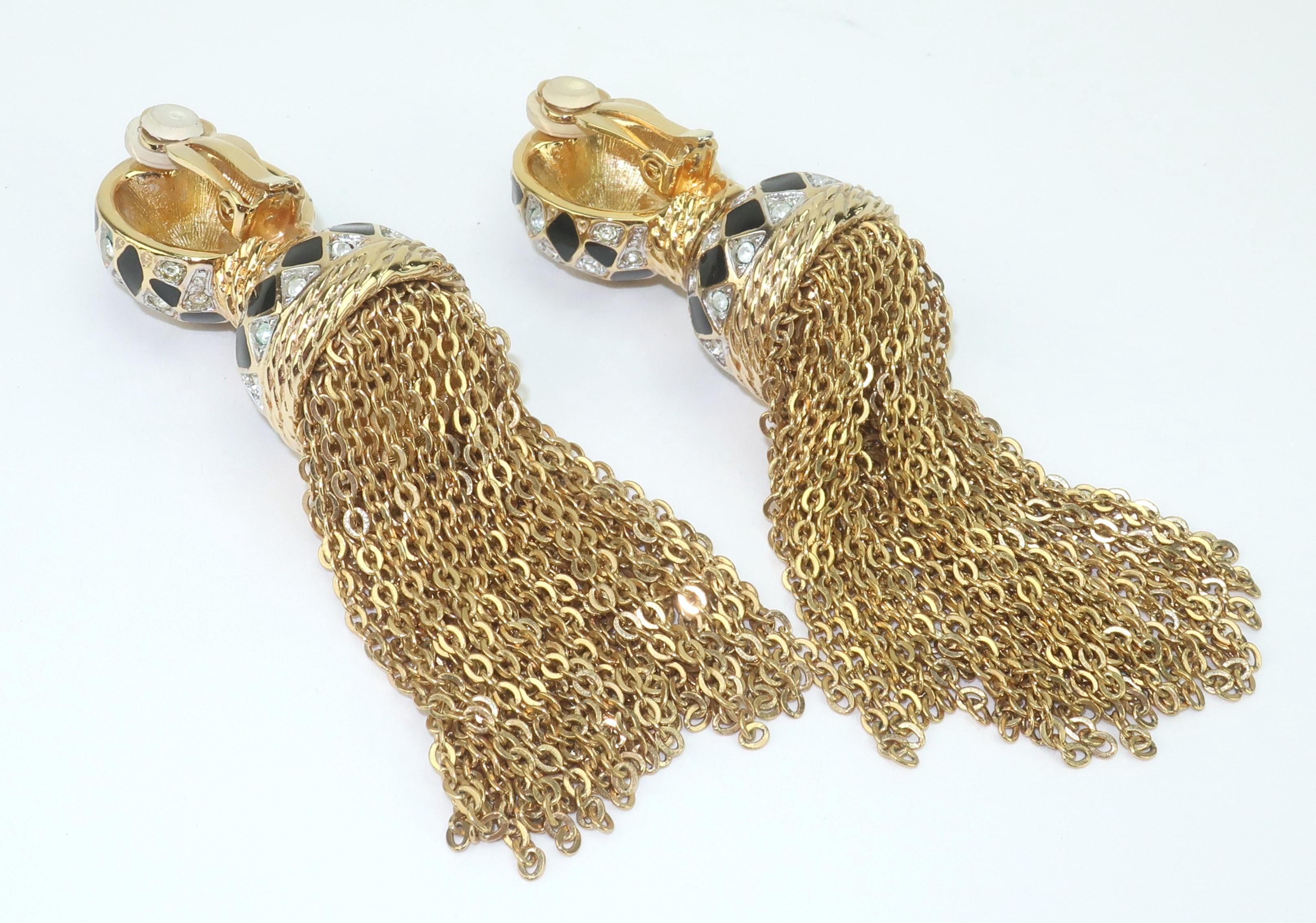 Women's SWAROVSKI Gold Plated Black Enamel Rhinestone Tassel Earrings For Sale