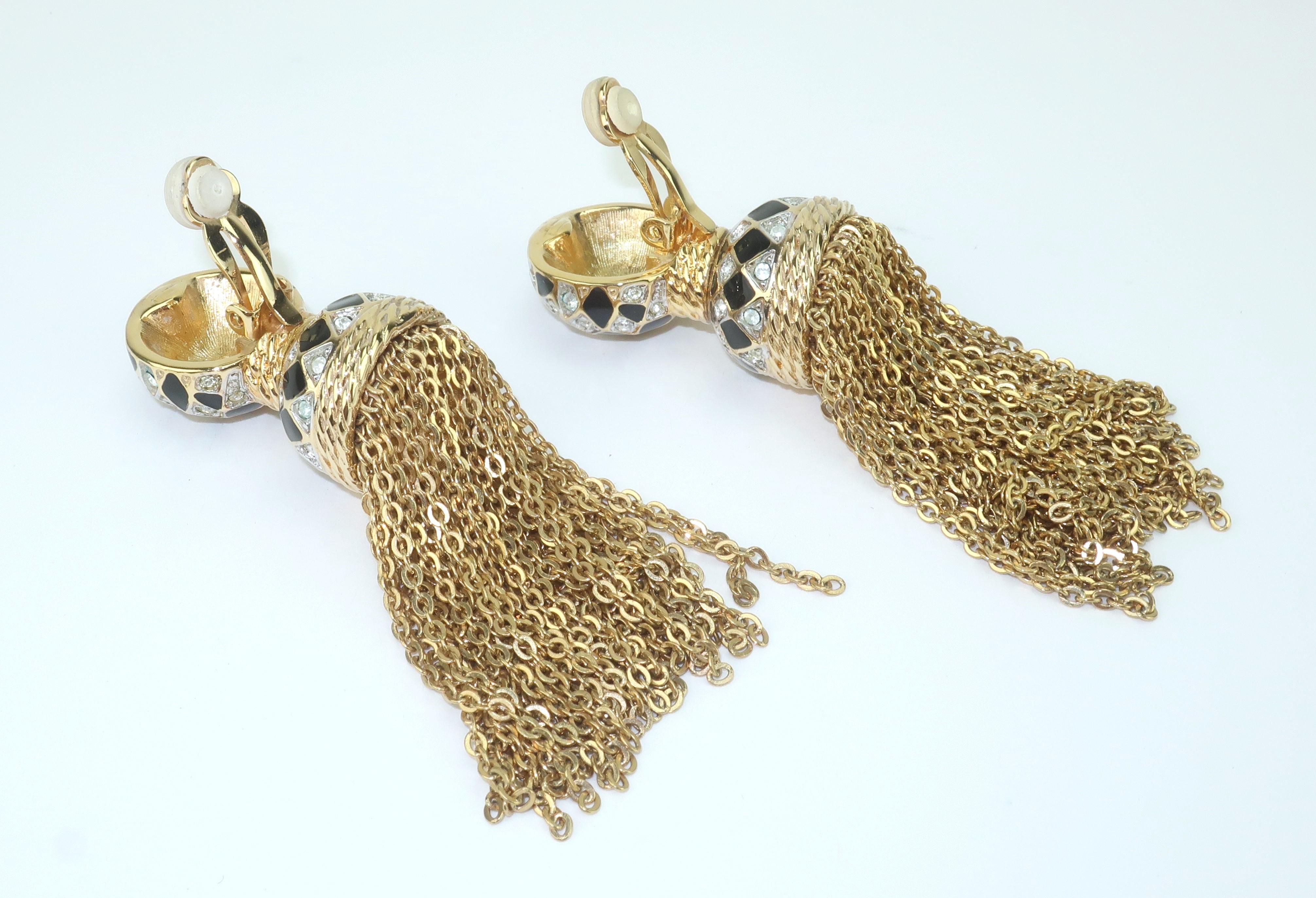 SWAROVSKI Gold Plated Black Enamel Rhinestone Tassel Earrings For Sale 1