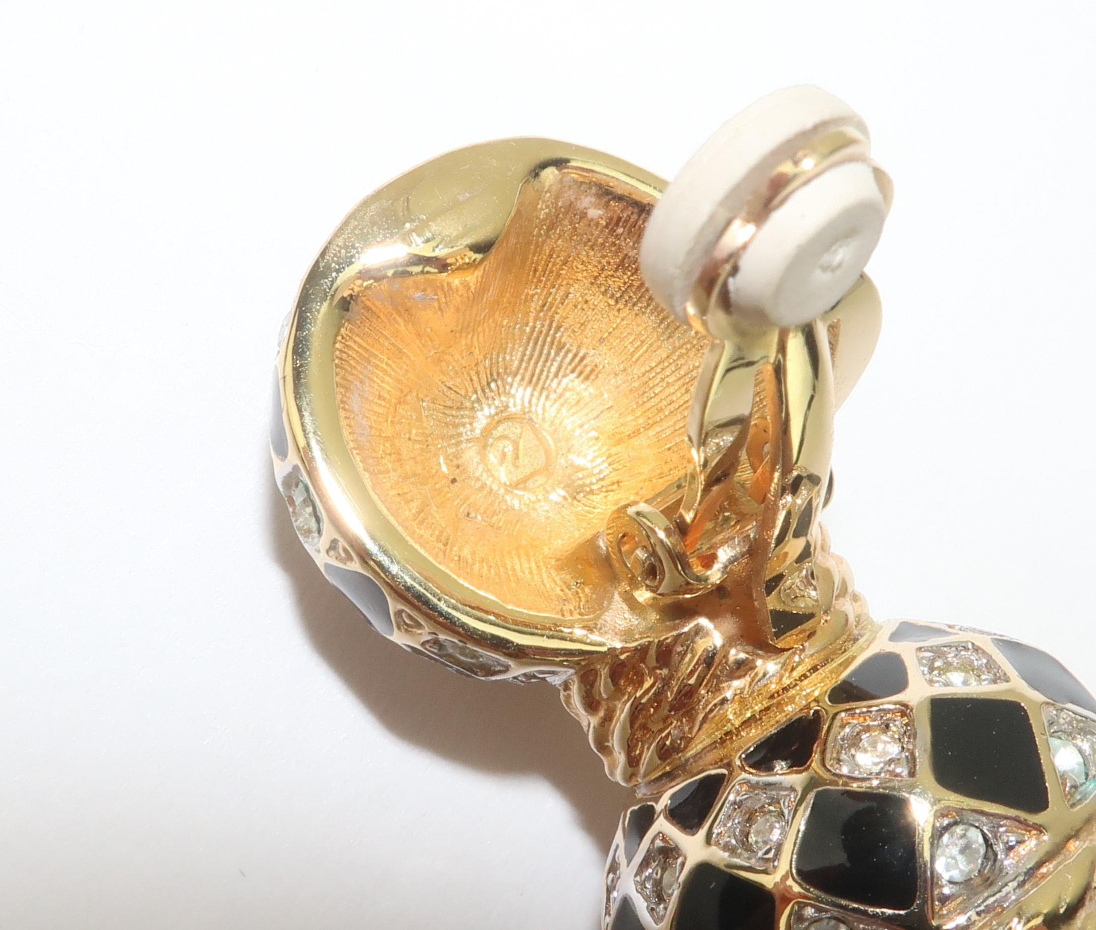 SWAROVSKI Gold Plated Black Enamel Rhinestone Tassel Earrings For Sale 2