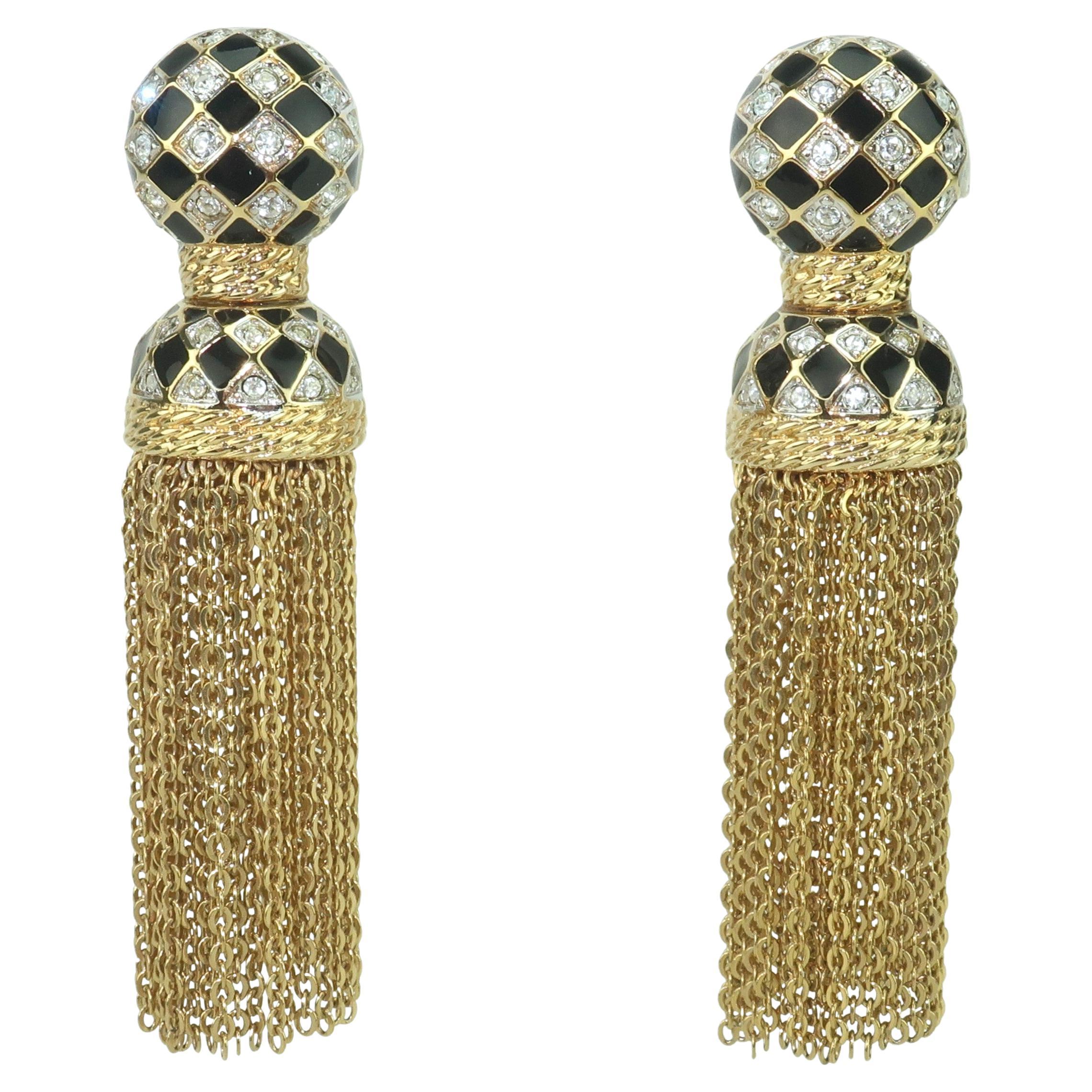 SWAROVSKI Gold Plated Black Enamel Rhinestone Tassel Earrings For Sale