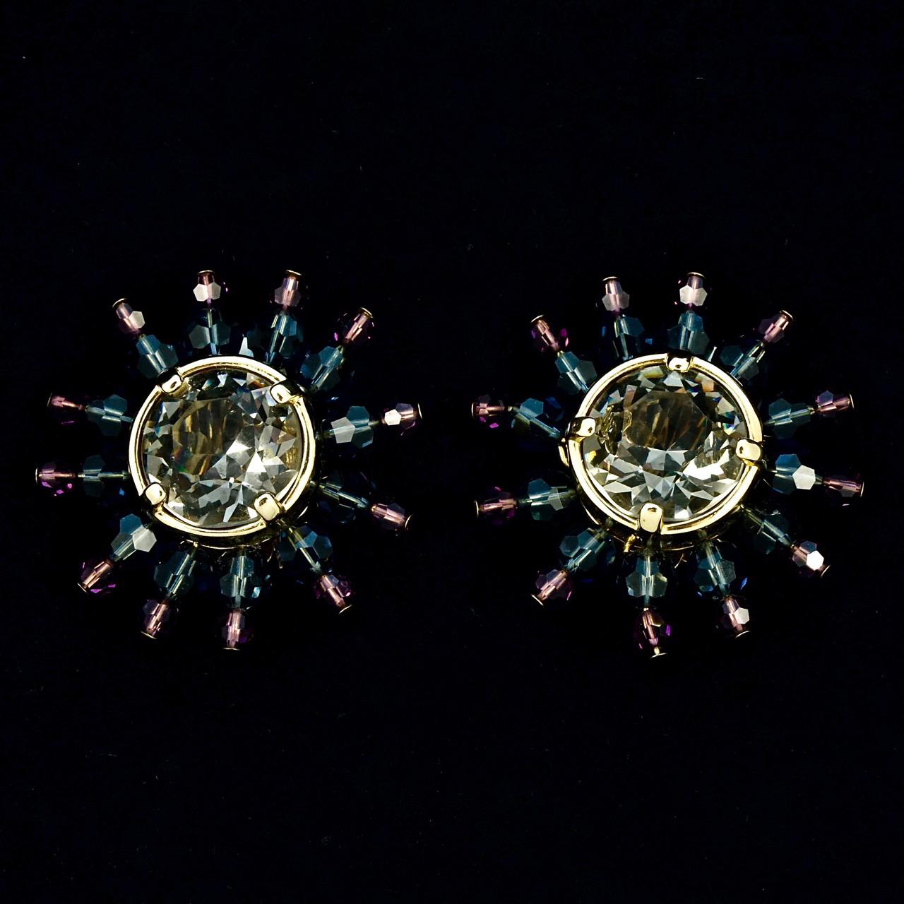 Swarovski Gold Plated Muted Pink Blue Gold Star Burst Crystal Clip On Earrings For Sale 3