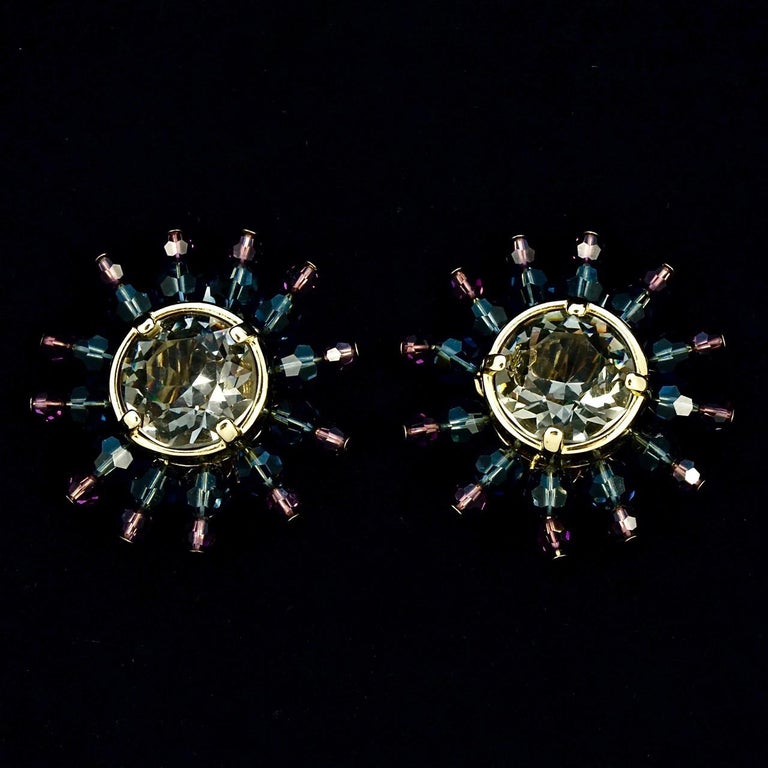 Swarovski Gold Plated Muted Pink Blue Gold Star Burst Crystal Clip On Earrings For Sale 6