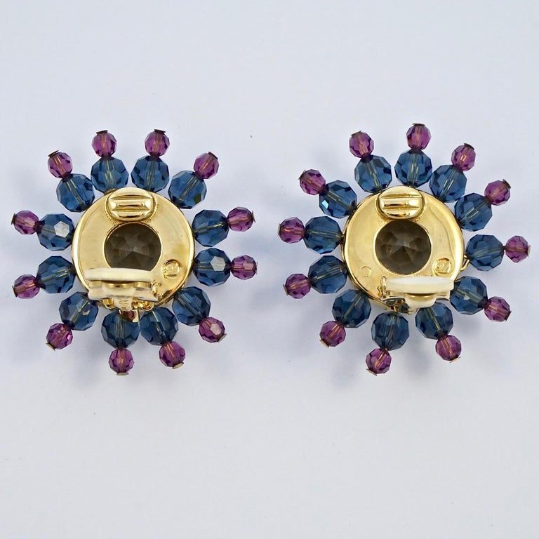 Swarovski Gold Plated Muted Pink Blue Gold Star Burst Crystal Clip On Earrings In Good Condition For Sale In London, GB
