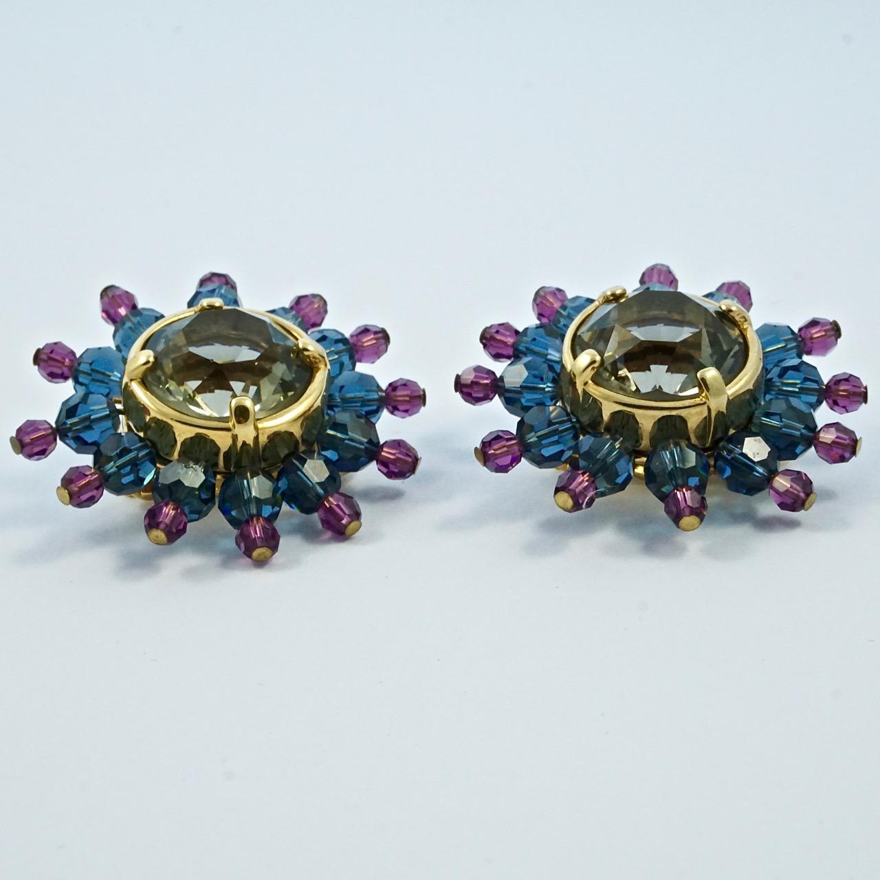 Round Cut Swarovski Gold Plated Muted Pink Blue Gold Star Burst Crystal Clip On Earrings For Sale