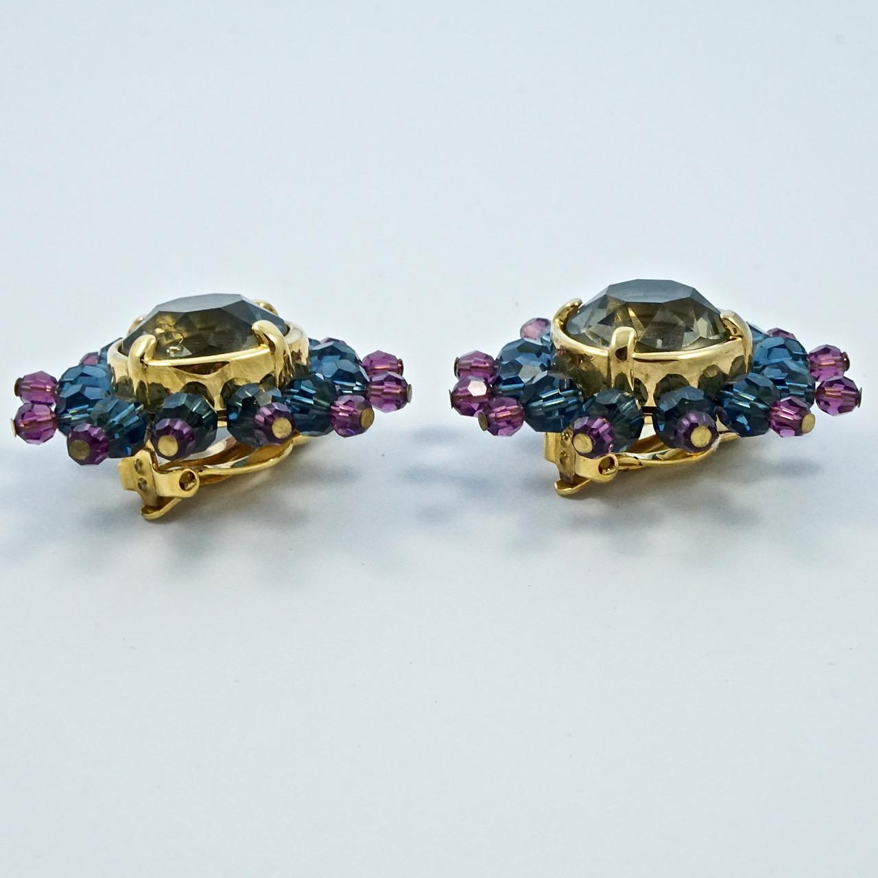 Swarovski Gold Plated Muted Pink Blue Gold Star Burst Crystal Clip On Earrings In Good Condition For Sale In London, GB