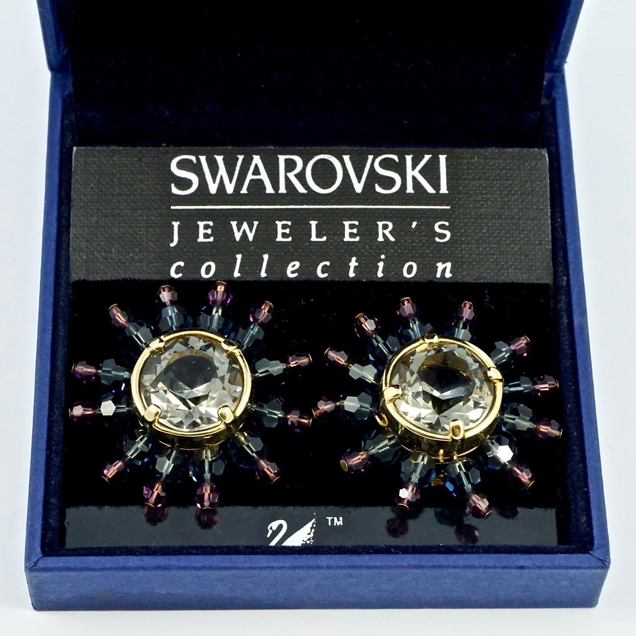 Swarovski Gold Plated Muted Pink Blue Gold Star Burst Crystal Clip On Earrings For Sale 1