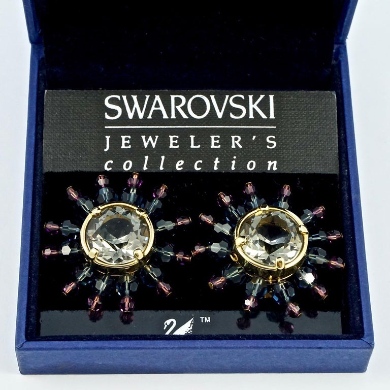 Swarovski Gold Plated Muted Pink Blue Gold Star Burst Crystal Clip On Earrings For Sale 4