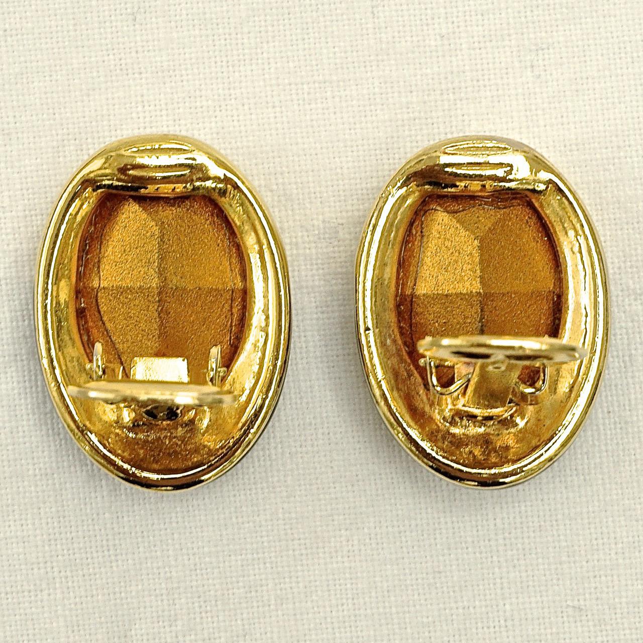 Oval Cut Swarovski Gold Plated Oval Black Enamel and Crystal Clip On Earrings For Sale