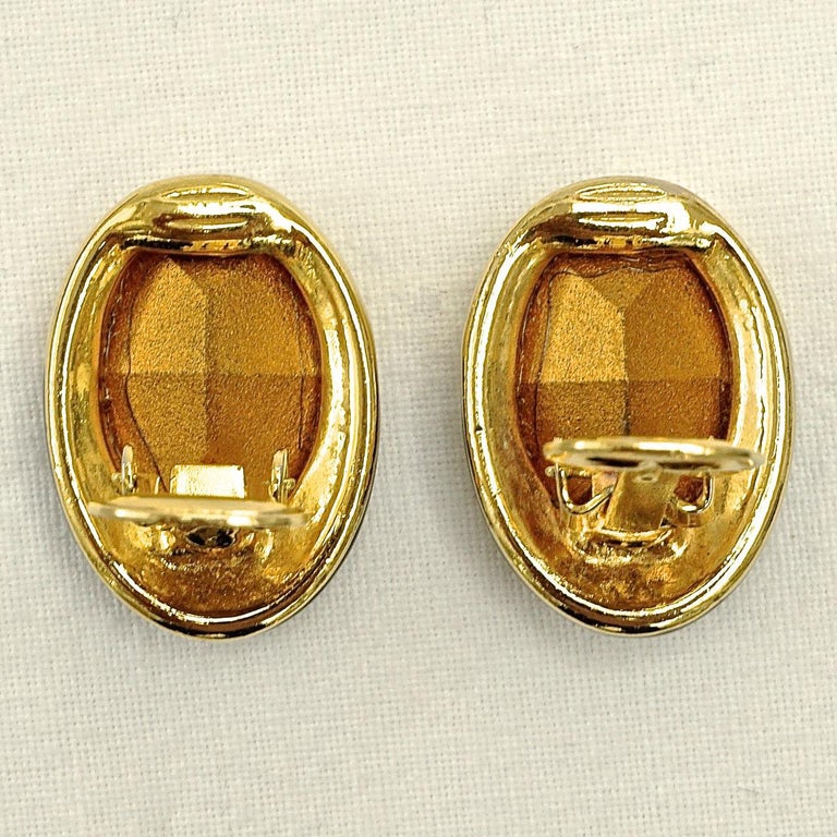 Swarovski Gold Plated Oval Black Enamel and Crystal Clip On Earrings For Sale 1