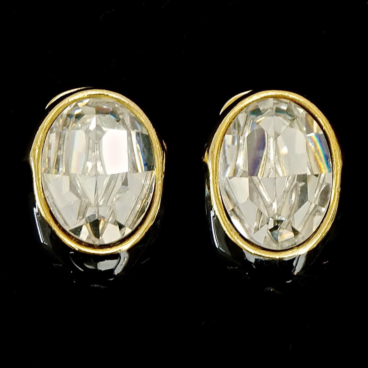 Swarovski Gold Plated Oval Black Enamel and Crystal Clip On Earrings In Good Condition For Sale In London, GB