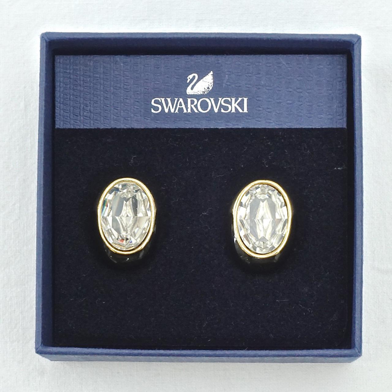 Women's or Men's Swarovski Gold Plated Oval Black Enamel and Crystal Clip On Earrings For Sale