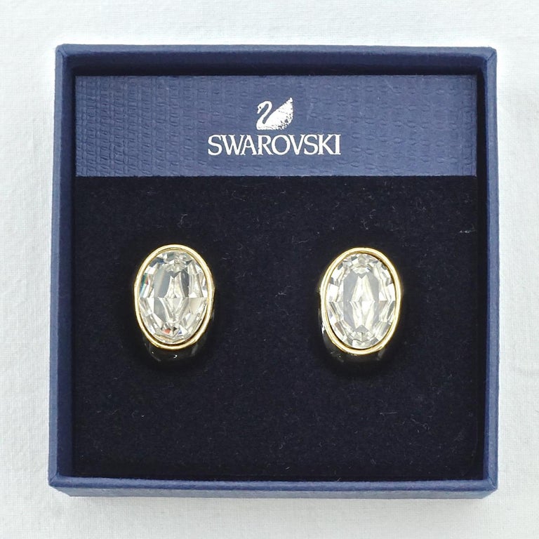 Swarovski Gold Plated Oval Black Enamel and Crystal Clip On Earrings For Sale 3