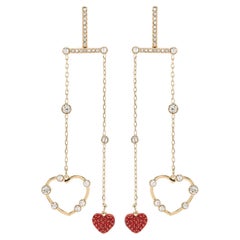 Swarovski Gold Red Heart Chandelier Mobile Pierced Long Drop Earrings, BNWT