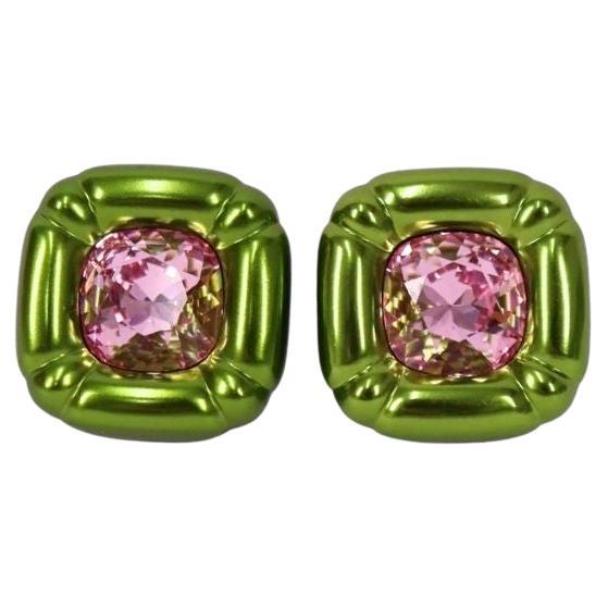 Swarovski Green 
Pink Crystal Stud Earrings For Sale