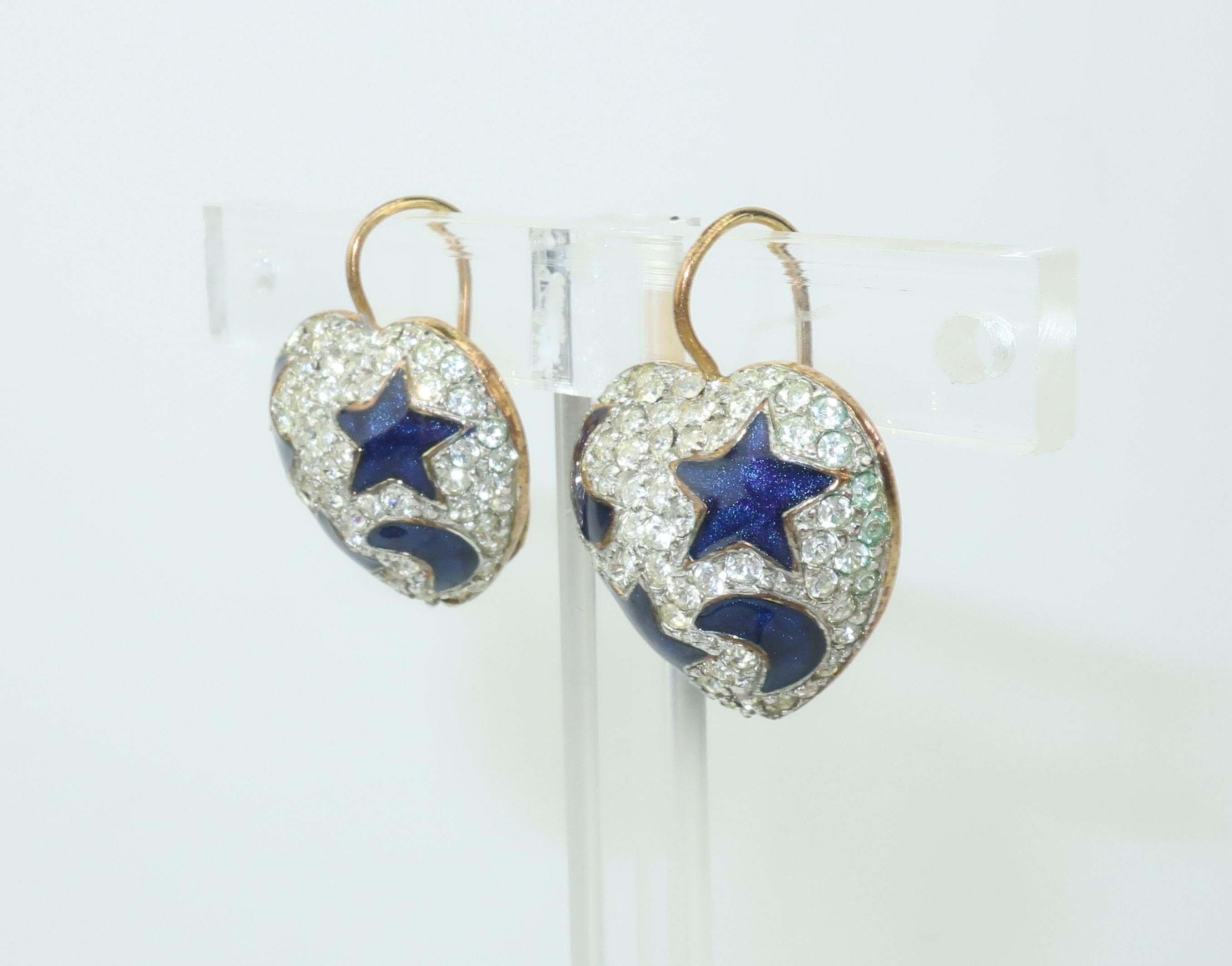 Modern Swarovski Heart Earrings With Blue Enamel Stars & Moon