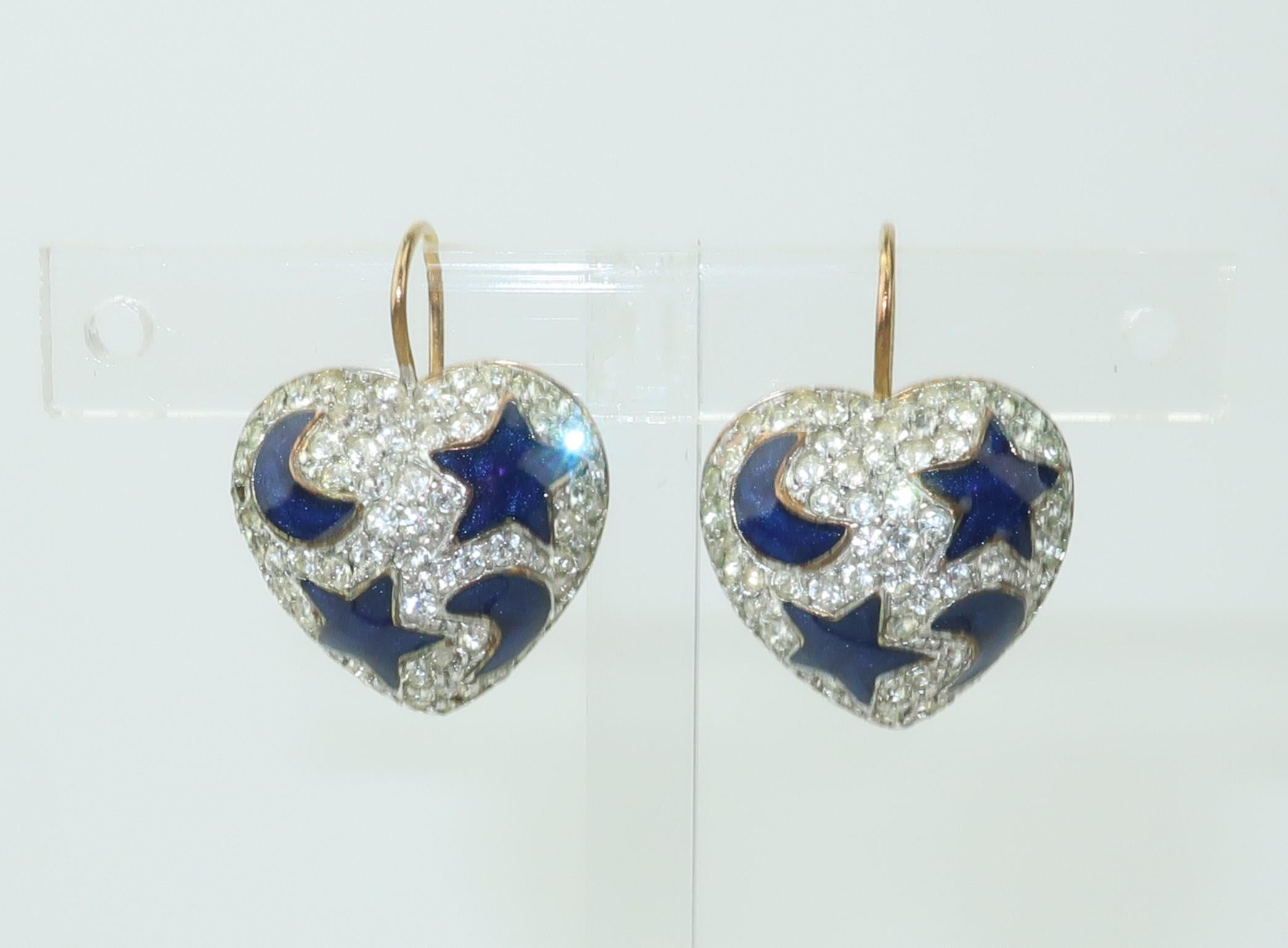 Swarovski Heart Earrings With Blue Enamel Stars & Moon 1
