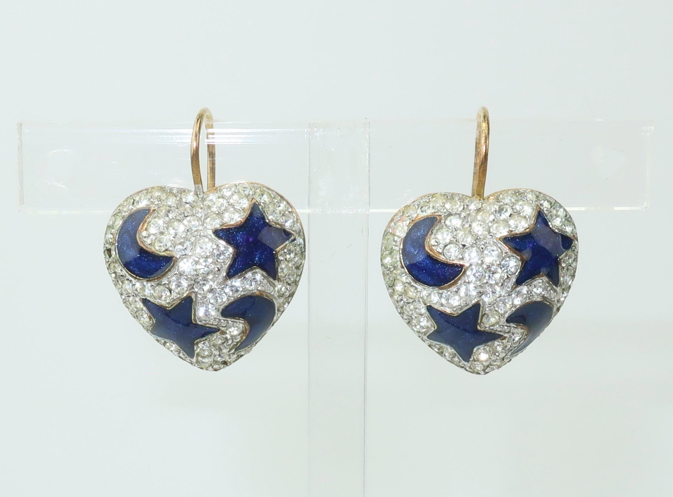 Swarovski Heart Earrings With Blue Enamel Stars & Moon 2